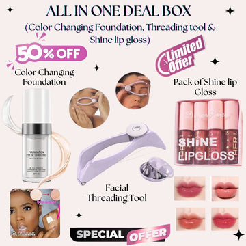 All in one Deal Box (Color Changing Foundation + Facial Threading Tool + Pack of Shine Lip gloss)